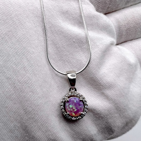 Halo Pink Fire Opal Cz & Clear Cz .925 Sterling Silver Earring & Necklace Set - Picture 6 of 17